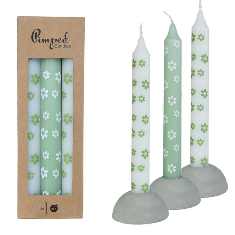 Pimped candles flowers Ø2,2 h.20 cm green - set of 3