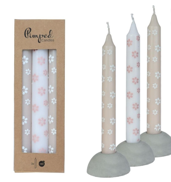 Pimped candles flowers Ø2,2 h.20 cm pink- set of 3