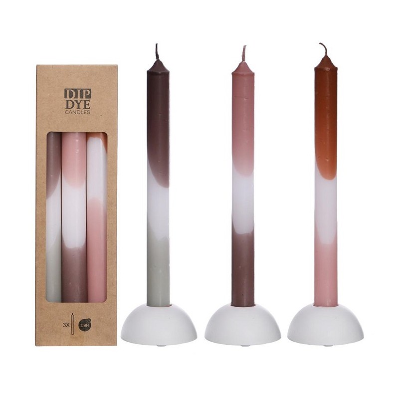 Dip Dye taper candle h.24 Ø2,2 cm set 3 pink-olive
