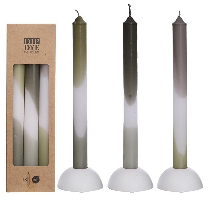 Dip Dye taper candle h.24 Ø2,2 cm set 3 olive-sage
