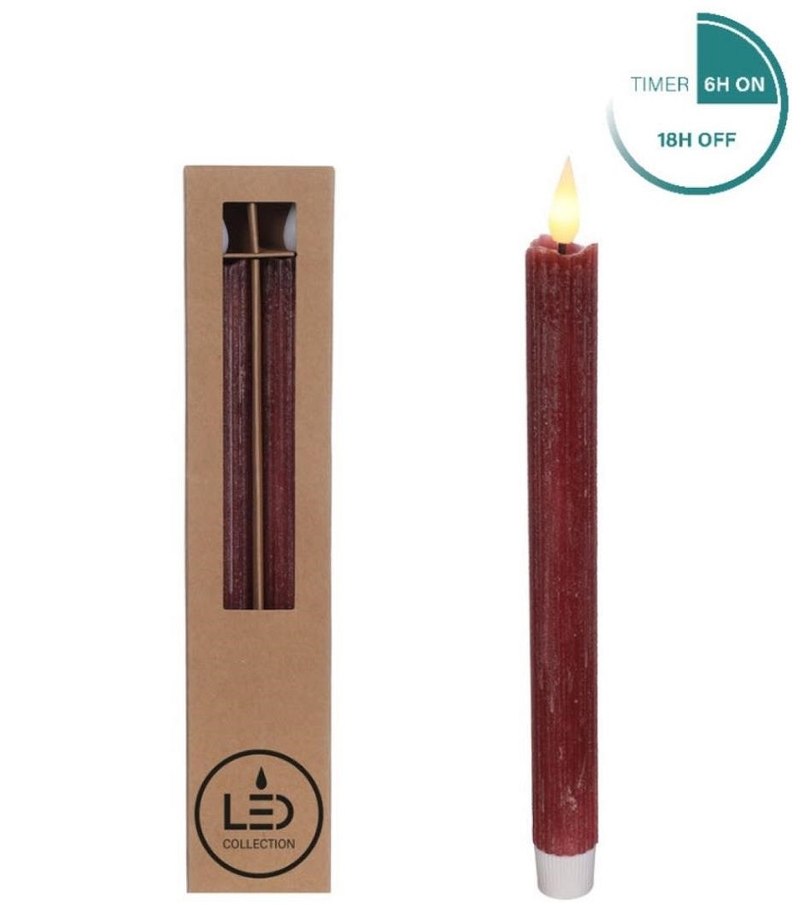 LED Pencil candle set/2 Ø2.1 h. 25cm burgundy