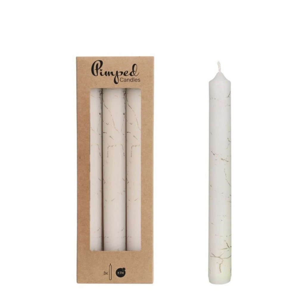 Pimped candles marble Ø2,2 h.20 cm white set/3